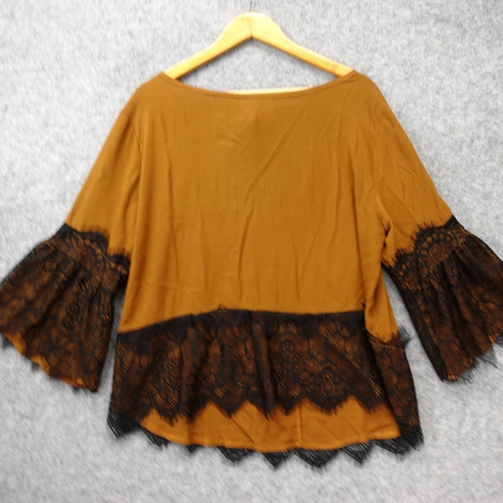 Bell Sleeve Italian Blouse Womens L Brown Chantilly Eyelash Lace Mustard Boho